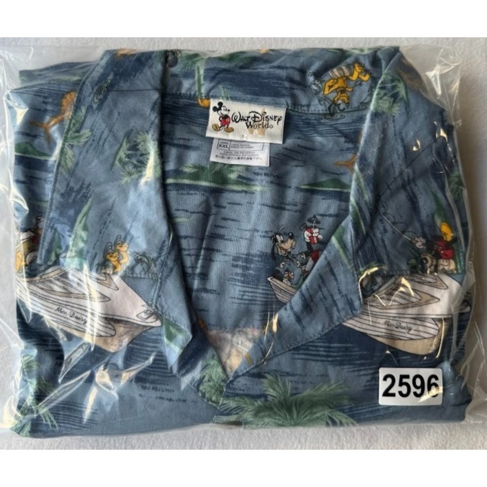 Walt Disney World Mickey Hawaiian Shirt XXL Blue Rayon Fishing Boat Aloha Casual - Picture 14 of 14